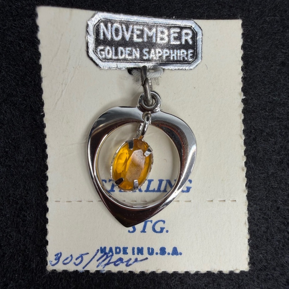 VTG Sterling Silver November Birth Stone Pendant Heart Golden Sapphire Orange